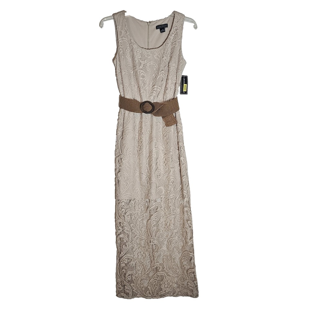 Jessica‎ Howard Dress Womens 10 Beige Sleeveless Lace Belted Maxi Elegant Formal